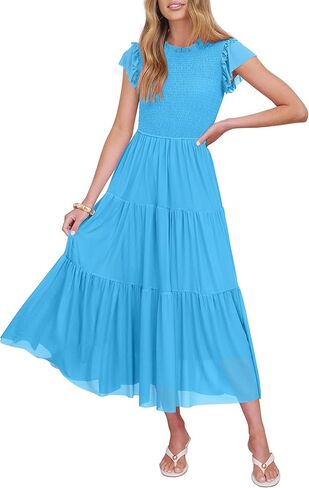 Caracilia Womens Summer Casual Tulle Midi Dresses Ruffle Sleeve Crew Neck Smocked Mesh 2026 Flowy Tiered Wedding Guest Dress in Saudi Arabia