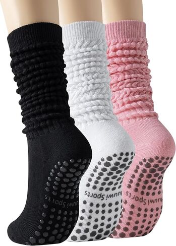Women’s Pilates Socks Grips–3 Pairs Scrunch Crew Non-Slip Yoga Barre Workout Hospital Slipper Slouch Socks in Saudi Arabia