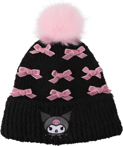 Bioworld Kuromi Pearls Adult Black Cuffed Knit Beanie with Pink Pom in Saudi Arabia