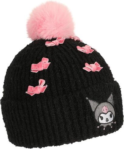 Bioworld Kuromi Pearls Adult Black Cuffed Knit Beanie with Pink Pom in Saudi Arabia