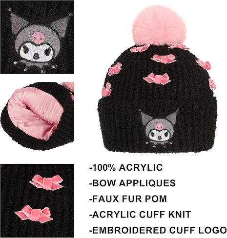 Bioworld Kuromi Pearls Adult Black Cuffed Knit Beanie with Pink Pom in Saudi Arabia