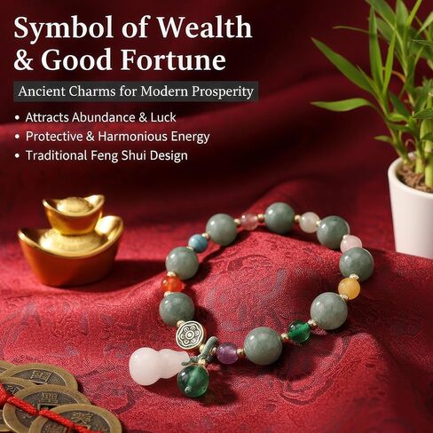 Handmade Feng Shui Jade Gourd Bracelet for Women, Natural Stone Beaded Stretch Jewelry, Chinese Good Luck Charm for Wealth & Protection in Kuwait