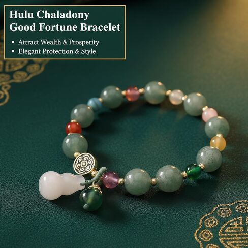 Handmade Feng Shui Jade Gourd Bracelet for Women, Natural Stone Beaded Stretch Jewelry, Chinese Good Luck Charm for Wealth & Protection in Kuwait