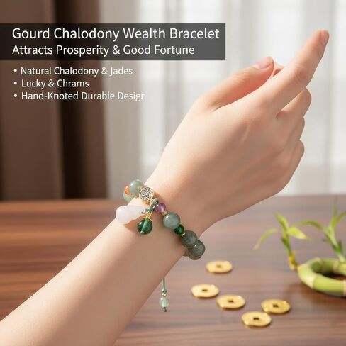 Handmade Feng Shui Jade Gourd Bracelet for Women, Natural Stone Beaded Stretch Jewelry, Chinese Good Luck Charm for Wealth & Protection in Kuwait