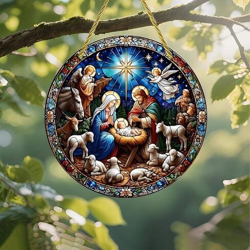 Colorful Acrylic Suncatcher, Nativity Scene Stained Glass 7-inch Hanging Window Wall Art Decor with Printed Stained Glass Style Design, Gift Idea & Garden Ornament Indoor Outdoor Use in Saudi Arabia