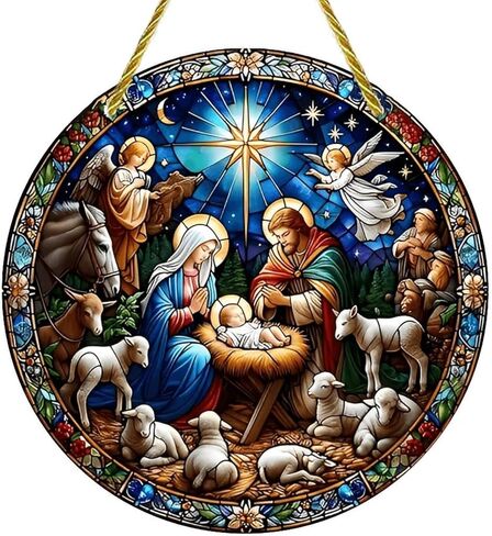 Colorful Acrylic Suncatcher, Nativity Scene Stained Glass 7-inch Hanging Window Wall Art Decor with Printed Stained Glass Style Design, Gift Idea & Garden Ornament Indoor Outdoor Use in Saudi Arabia