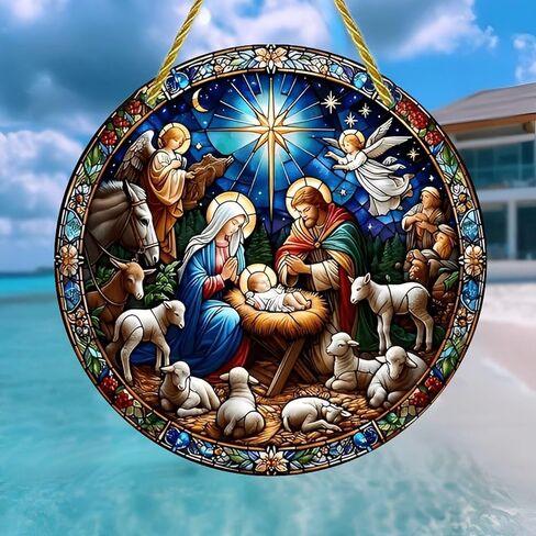 Colorful Acrylic Suncatcher, Nativity Scene Stained Glass 7-inch Hanging Window Wall Art Decor with Printed Stained Glass Style Design, Gift Idea & Garden Ornament Indoor Outdoor Use in Saudi Arabia