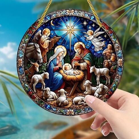 Colorful Acrylic Suncatcher, Nativity Scene Stained Glass 7-inch Hanging Window Wall Art Decor with Printed Stained Glass Style Design, Gift Idea & Garden Ornament Indoor Outdoor Use in Saudi Arabia