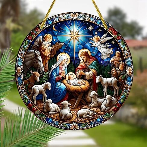 Colorful Acrylic Suncatcher, Nativity Scene Stained Glass 7-inch Hanging Window Wall Art Decor with Printed Stained Glass Style Design, Gift Idea & Garden Ornament Indoor Outdoor Use in Saudi Arabia