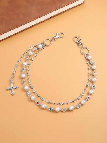 Layered Pants Wallet Chains for Men Fashion Jean Pocket Chain Exquisite Rhinestone Flower Pearl Purse Bag Charm in Saudi Arabia