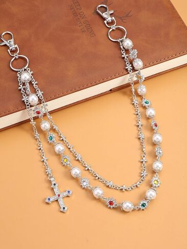 Layered Pants Wallet Chains for Men Fashion Jean Pocket Chain Exquisite Rhinestone Flower Pearl Purse Bag Charm in Saudi Arabia