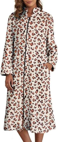 Ekouaer Women's Zip Up Robe Fleece Bathrobe Long Zipper Lounger Warm Housecoat Long Sleeve Nightgown with Pockets, Red Stars, Large in Kuwait