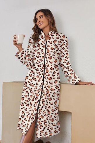 Ekouaer Women's Zip Up Robe Fleece Bathrobe Long Zipper Lounger Warm Housecoat Long Sleeve Nightgown with Pockets, Red Stars, Large in Kuwait