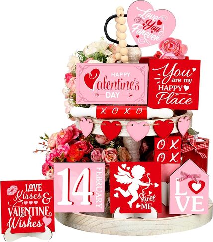 Patelai 17 Pcs Valentine's Day Tiered Tray Decorations Set Wooden Valentines Table Signs Love Heart Xoxo Farmhouse Valentine Tiered Tray Decor for Home Tabletop Valentine's Day Decor(Cute) in Saudi Arabia