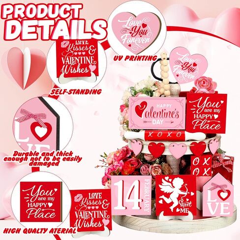 Patelai 17 Pcs Valentine's Day Tiered Tray Decorations Set Wooden Valentines Table Signs Love Heart Xoxo Farmhouse Valentine Tiered Tray Decor for Home Tabletop Valentine's Day Decor(Cute) in Saudi Arabia
