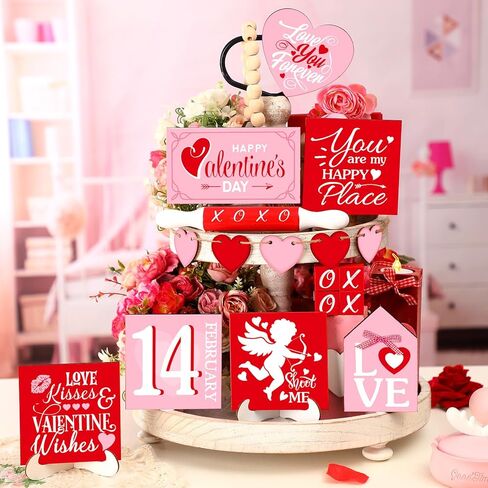 Patelai 17 Pcs Valentine's Day Tiered Tray Decorations Set Wooden Valentines Table Signs Love Heart Xoxo Farmhouse Valentine Tiered Tray Decor for Home Tabletop Valentine's Day Decor(Cute) in Saudi Arabia