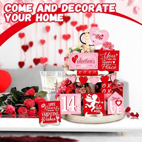 Patelai 17 Pcs Valentine's Day Tiered Tray Decorations Set Wooden Valentines Table Signs Love Heart Xoxo Farmhouse Valentine Tiered Tray Decor for Home Tabletop Valentine's Day Decor(Cute) in Saudi Arabia