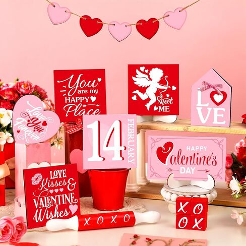 Patelai 17 Pcs Valentine's Day Tiered Tray Decorations Set Wooden Valentines Table Signs Love Heart Xoxo Farmhouse Valentine Tiered Tray Decor for Home Tabletop Valentine's Day Decor(Cute) in Saudi Arabia