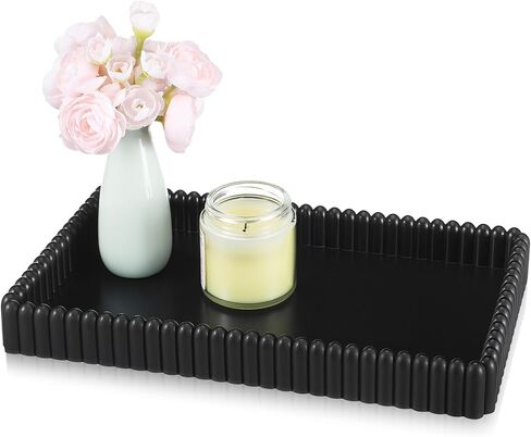 1pc 12 x 7 Inch Concrete Decorative Tray Coffee Table Centerpieces Decor, Wavy Edge Rectangular Farmhouse Modern Ottoman Trays for Home Decor, Living Dining Room, Bathroom, Entry(Black) in Kuwait