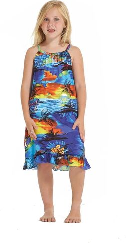 Girl Round Neck Tunic Hawaiian Luau Dress in Blue Sunset in Saudi Arabia
