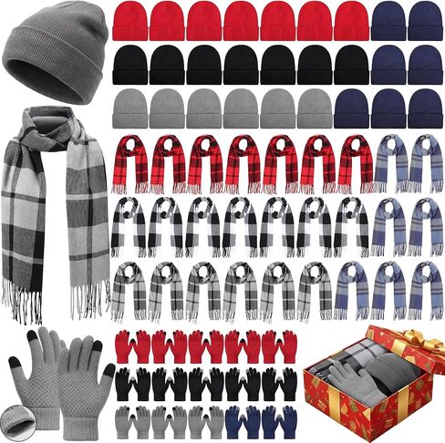 84 Pack Winter Knit Beanie Hat Plaid Scarf Gloves Bulk Touch Screen Gloves for Women Men Christmas Homeless Gift in Saudi Arabia