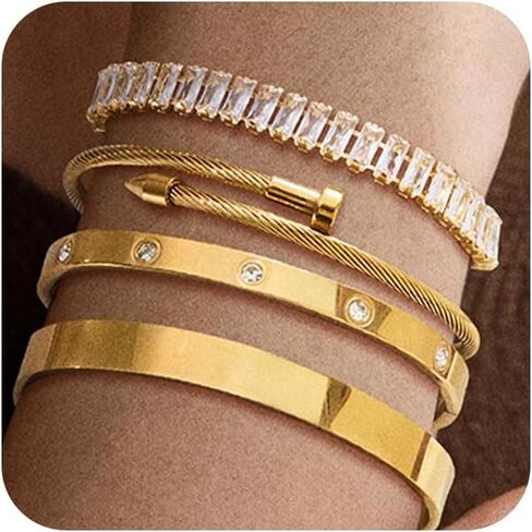 Gold Bracelets for Women, 14K Gold Plated Stackable Bracelets Trendy Non Tarnish Jewelry Set Fashion Gifts for Women in Saudi Arabia