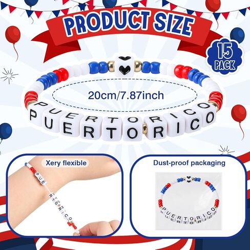 Tondiamo 15 Pcs Puerto Rico Beaded Bracelet Puerto Rico Souvenirs Gifts Pr Flag Party Favors Wristbands Bulk for Pr Patriotic Anniversary National Day Christmas in Saudi Arabia