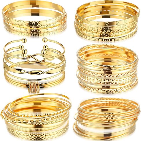 50 Pcs Gold Bangle Bracelets for Women, 6 Sets Gold Plated Multi Layer Stackable Cuff Bracelet Trendy Elegance Charms Non Tarnish Minimalist Textured Boho Jewelry Gift for Women in Saudi Arabia
