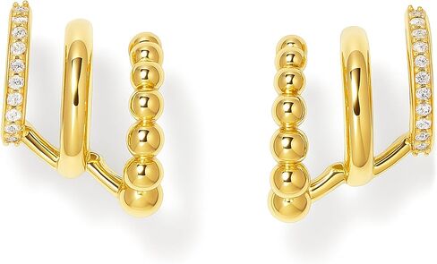 Triple Hoop Illusion Stud Earring for Women – 14K Gold Plated Unique Diamond Huggie Stud Earrings for One Piercing – Faux Multi Hoops Design, Hypoallergenic Fashion Jewelry Earrings in Saudi Arabia