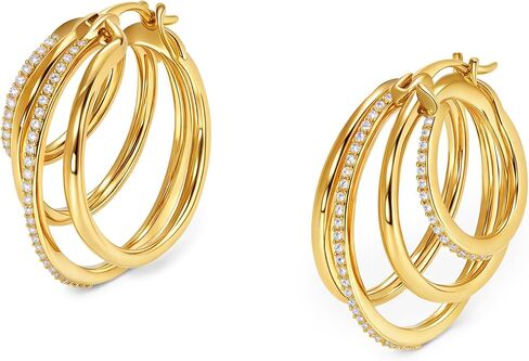 Triple Hoop Illusion Stud Earring for Women – 14K Gold Plated Unique Diamond Huggie Stud Earrings for One Piercing – Faux Multi Hoops Design, Hypoallergenic Fashion Jewelry Earrings in Saudi Arabia