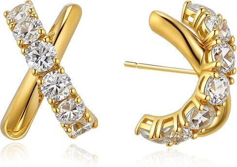 Triple Hoop Illusion Stud Earring for Women – 14K Gold Plated Unique Diamond Huggie Stud Earrings for One Piercing – Faux Multi Hoops Design, Hypoallergenic Fashion Jewelry Earrings in Saudi Arabia
