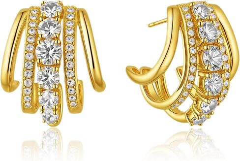 Triple Hoop Illusion Stud Earring for Women – 14K Gold Plated Unique Diamond Huggie Stud Earrings for One Piercing – Faux Multi Hoops Design, Hypoallergenic Fashion Jewelry Earrings in Saudi Arabia