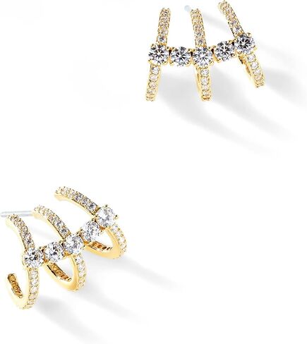 Triple Hoop Illusion Stud Earring for Women – 14K Gold Plated Unique Diamond Huggie Stud Earrings for One Piercing – Faux Multi Hoops Design, Hypoallergenic Fashion Jewelry Earrings in Saudi Arabia