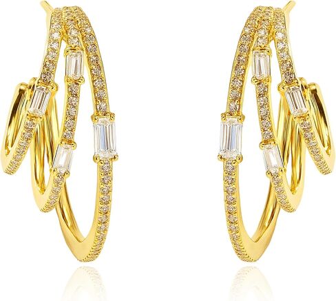Triple Hoop Illusion Stud Earring for Women – 14K Gold Plated Unique Diamond Huggie Stud Earrings for One Piercing – Faux Multi Hoops Design, Hypoallergenic Fashion Jewelry Earrings in Saudi Arabia