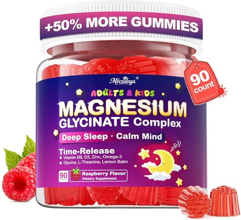 Magnesium Glycinate Gummies for Kids & Adults, 90 Counts No Melatonin Magnesium Gummies for Sleep & Calm, Sugar Free Vegan with Glycine, L-Theanine, B6, D3, Zinc & Omega 3 - Raspberry Flavor in Saudi Arabia