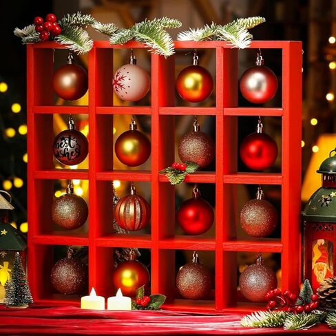 Wooden Christmas Ornament Displays Rack, 16" x 16" Hanging Red Stand Holder Hanger with 16 Compartments for Christmas Ball, Display Shelf Cabinet for Craft Bauble Decorations Gift in Saudi Arabia