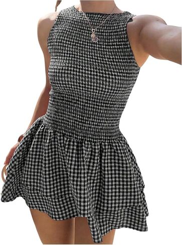 SOLY HUX Women's Plaid Gingham Mini Dress Sleeveless Smocked Layered Ruffle A Line Tank Dresses in Saudi Arabia
