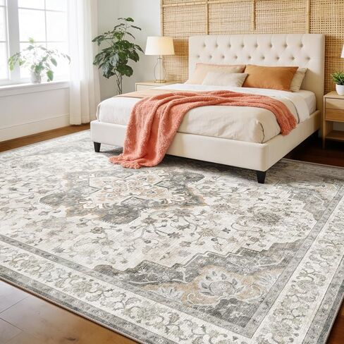 Marsail 8x10 Machine Washable Area Rug,Soft & Slip-Resistant Large Area Rug with Reinforced Bound Edges,Short-Pile Washable Rug with Floral Pattern for Living Room,Dinning Room and Bedroom,Brown in Saudi Arabia