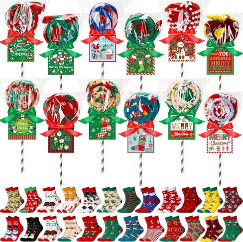 Liitrsh 24 Sets Christmas Socks Gifts Crafts with Tags Cards Stickers Green Red Lollipops Crafts Gifts Set Winter Warm Socks for Women Christmas Goodies Filler Stuffers Party Favors in Saudi Arabia