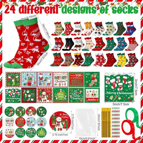 Liitrsh 24 Sets Christmas Socks Gifts Crafts with Tags Cards Stickers Green Red Lollipops Crafts Gifts Set Winter Warm Socks for Women Christmas Goodies Filler Stuffers Party Favors in Saudi Arabia