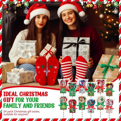 Liitrsh 24 Sets Christmas Socks Gifts Crafts with Tags Cards Stickers Green Red Lollipops Crafts Gifts Set Winter Warm Socks for Women Christmas Goodies Filler Stuffers Party Favors in Saudi Arabia
