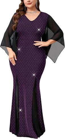 سيكلامين حجم كبير فستان رسمي سباركلي الخامس الرقبة منديل كم Bodycon حورية البحر ماكسي ثوب مسائي حفلة كوكتيل حفلة موسيقية in Kuwait