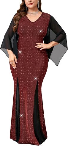 سيكلامين حجم كبير فستان رسمي سباركلي الخامس الرقبة منديل كم Bodycon حورية البحر ماكسي ثوب مسائي حفلة كوكتيل حفلة موسيقية in Kuwait