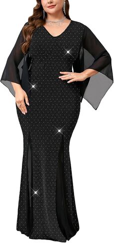 سيكلامين حجم كبير فستان رسمي سباركلي الخامس الرقبة منديل كم Bodycon حورية البحر ماكسي ثوب مسائي حفلة كوكتيل حفلة موسيقية in Kuwait