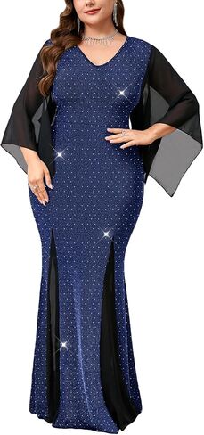سيكلامين حجم كبير فستان رسمي سباركلي الخامس الرقبة منديل كم Bodycon حورية البحر ماكسي ثوب مسائي حفلة كوكتيل حفلة موسيقية in Kuwait