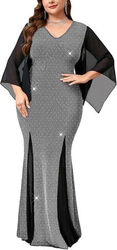 سيكلامين حجم كبير فستان رسمي سباركلي الخامس الرقبة منديل كم Bodycon حورية البحر ماكسي ثوب مسائي حفلة كوكتيل حفلة موسيقية in Kuwait