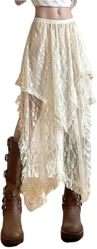 Women High Waist Loose Trendy Mid Vintage Lace Asymmetrical Skirt in Saudi Arabia