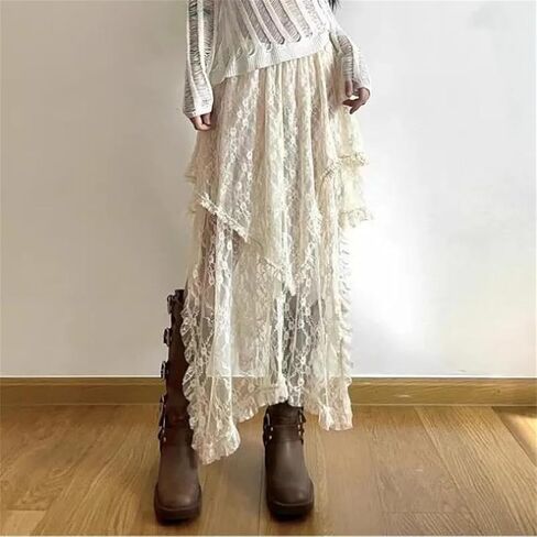 Women High Waist Loose Trendy Mid Vintage Lace Asymmetrical Skirt in Saudi Arabia