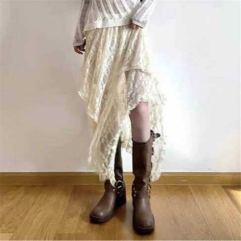 Women High Waist Loose Trendy Mid Vintage Lace Asymmetrical Skirt in Saudi Arabia