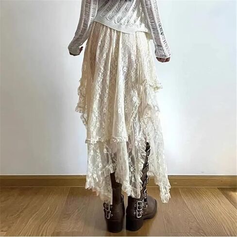 Women High Waist Loose Trendy Mid Vintage Lace Asymmetrical Skirt in Saudi Arabia